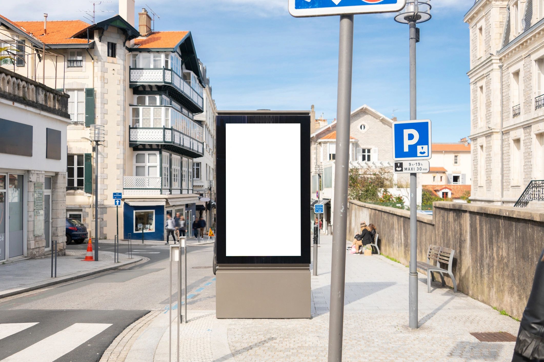 Modern cityscape with digital billboard advertising